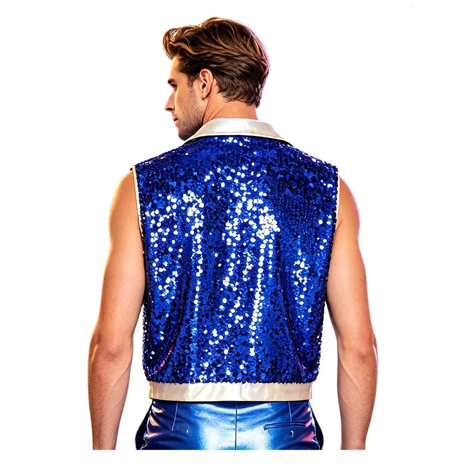 Disco Men's Vests Mens 70s Hip Hop Jazz Dance Vest Jacket Shiny Sequins Lapel Sleeveless Tassels Open Front Tank Top for Nightclub StageW261017