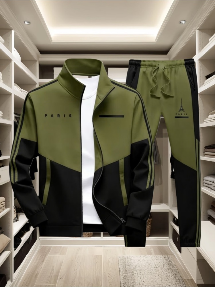 Men's Tracksuit New Contrast Color Stand Collar Zip Jacket + Elastic Waist Pants 2026 Casual Sportswear Jogger Suits Matching Set