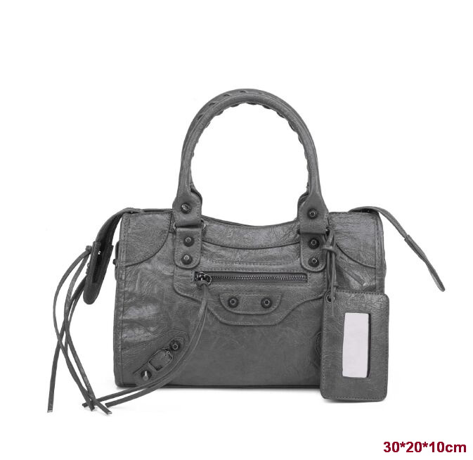 Luxury Crossbody Motorcycle Bag Vintage Black Crinkled Leather Pillow Bag Women Studded Motorcycle Tote Handbag With Mirror Pendant Tassel Shoulder