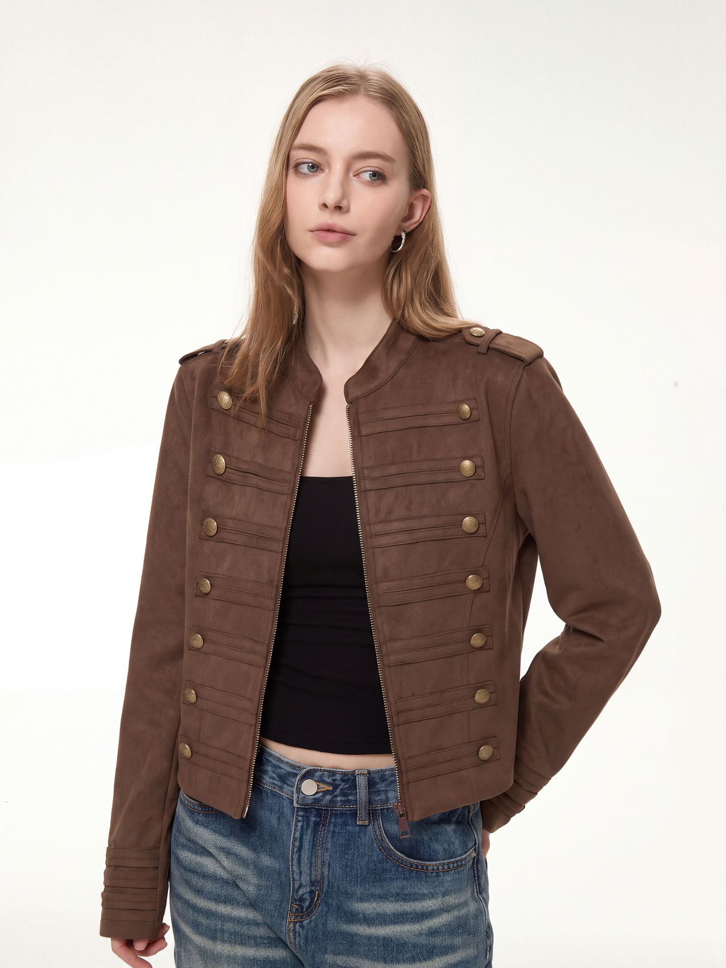 Women 2026 Autumn Winter Court Style Heavy Embellished Metallic Napoleon Jacket American Retro Suede Luxurious Elegant Daily Street Outerwear For La