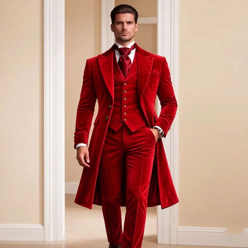 Velvet Long Formal Suits for Men Slim Fit 3 Pieces Wedding Tuxedo Business Activities Custom Made Mix Match Cufflinks 261017