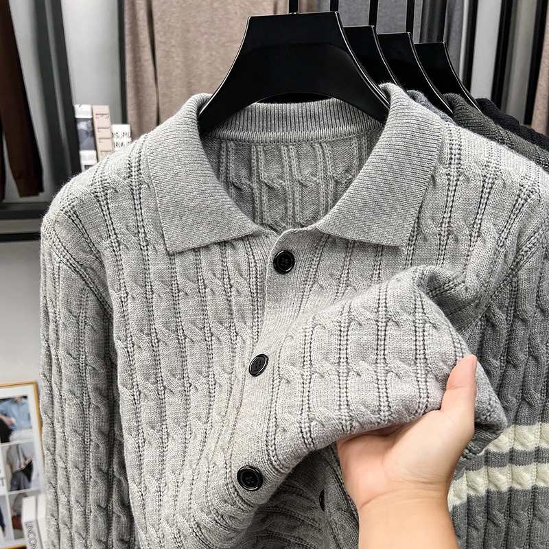 Fashion personality jacquard men's cardigan knitted y double stripe n casual lapel button comfort sweater coat 261012