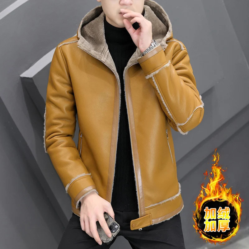 2025 Winter Warm PU Leather Jacket Men Fur Collar Thicken Motorcycle Hooded Fashion Casual Social Faux Men's Coat 261014