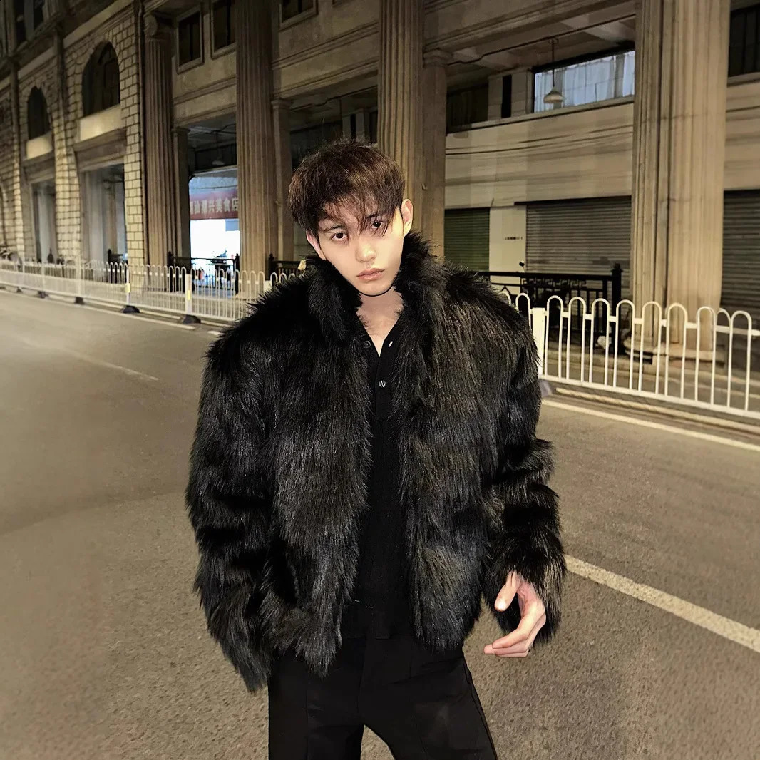 Autumn Winter Fashion Men's Black Solid Color Casual Trendy Loose Stand Collar Long Sleeve Faux Fur Coats Male Clothes Tops 261012