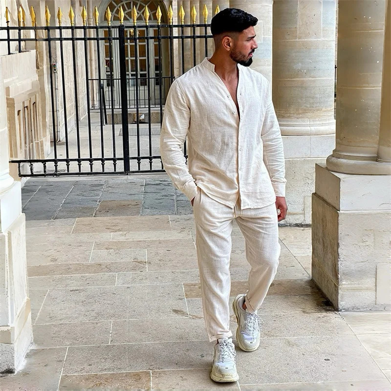 Men's Breathable Long-Sleeve Shirt Set Men's 100% Cotton Solid Color Casual Trousers Two-Piece Set for a Resort Style 261013