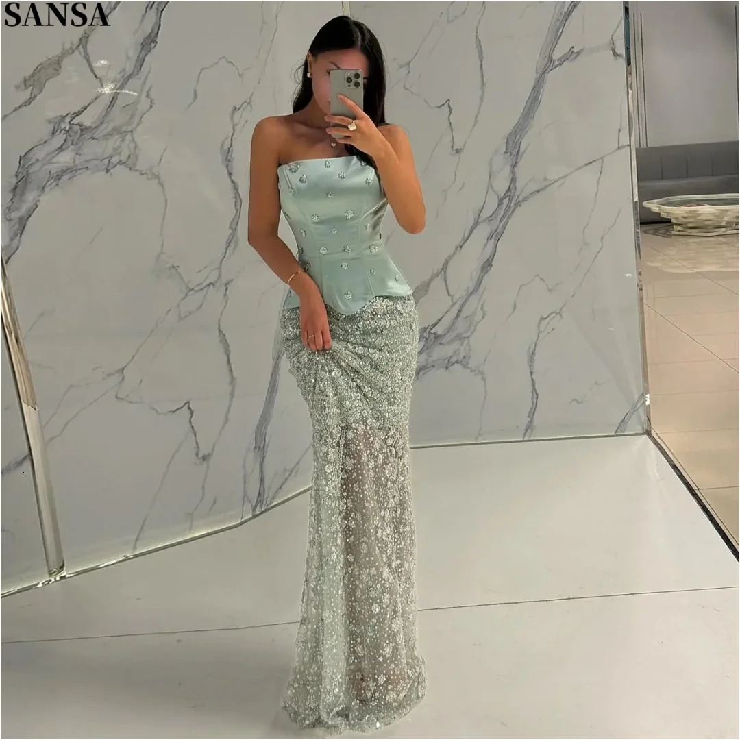 Sansa Customized Green Strapless Mermaid Prom Dress Satin Peplum Bodice with Sparkling Sequin Skirt Floor Length Formal Evening 261013