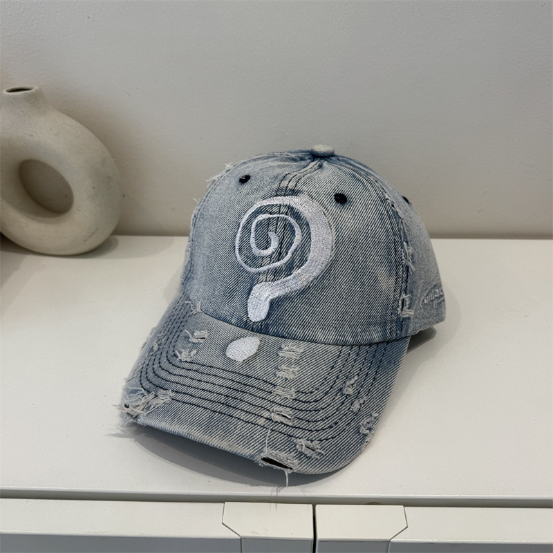 American Question Mark Embroidered Baseball Men Washed Denim Vintage Distressed Trendy HipHop Street Style Duckbill Cap for Women