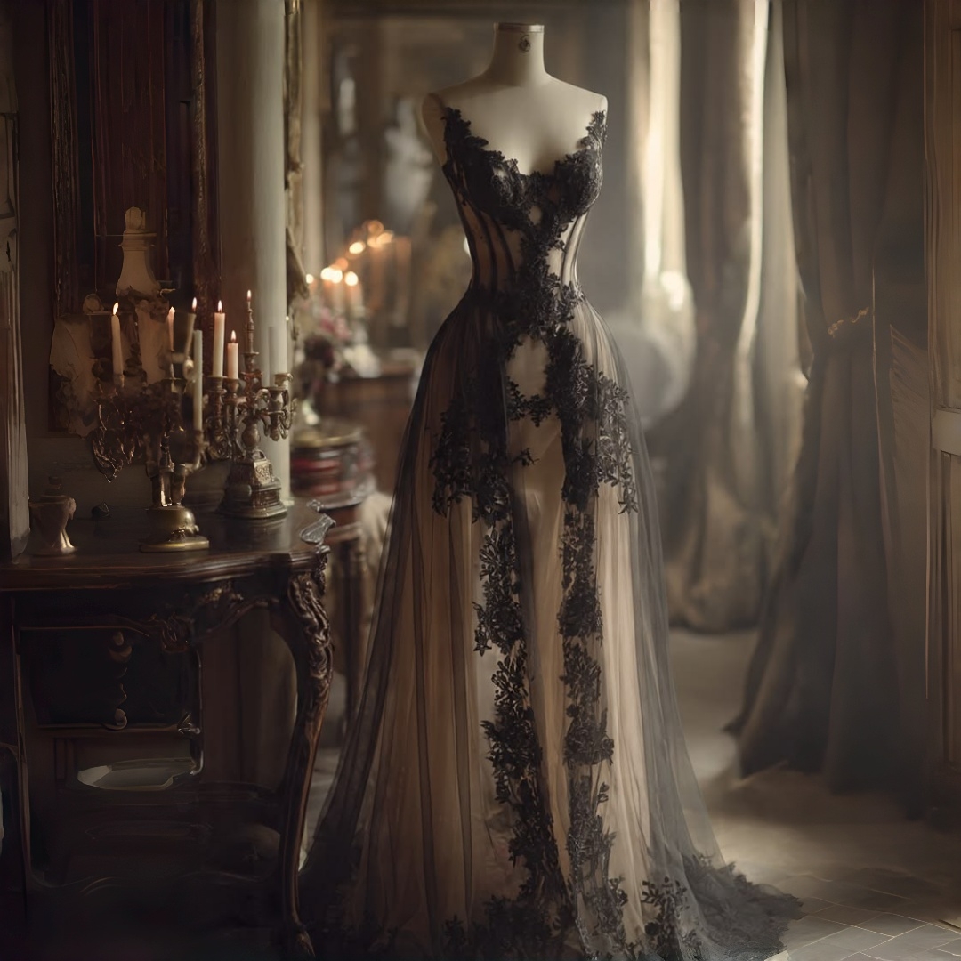 Vintage Gothic Corset Wedding Dress Spaghetti Strap Sheer Nude Tulle With Black Floral Lace Appliques Floor Length Long Vintage Bridal Gown
