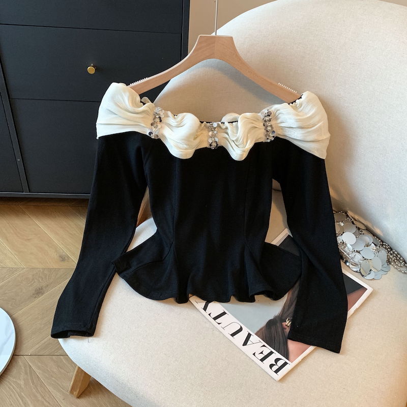 MEXZT Slash Neck Black T Shirts Women Fashion Sexy Ruffles Patchwork Crop Autumn Korean Elegant Long Sleeve Design Tops New