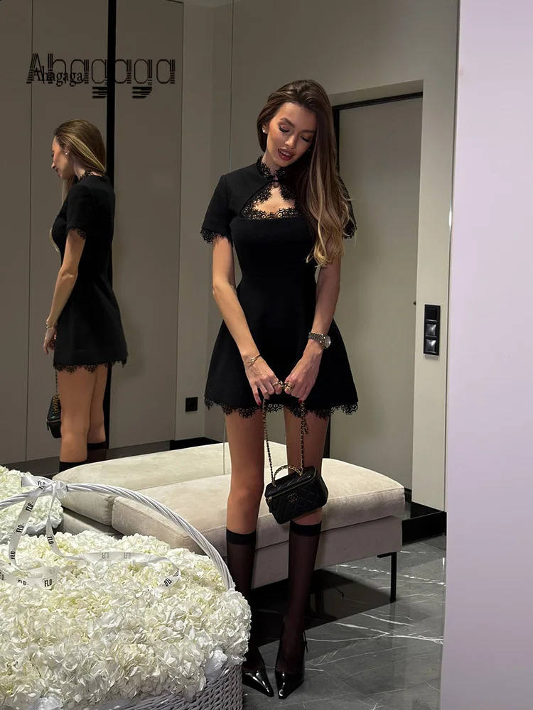 Ahagaga Sexy Women's Mini Dresses Patchwork Short Sleeves Lace Hollow Out Slim Fit Trend Baisc Turtleneck Streetwear Female Robe 261015