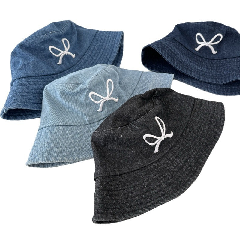 Korean ins bowknot embroidered denim bucket hat women fashionable for spring summer outings sun protection and shade