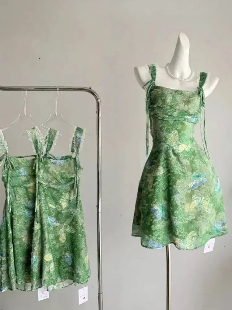 Women Casual Dress Bestseller French Elegant Mini everyday Green Dress Sleeveless Women Evening Party Floral Lace Backless One Piece Ballet Vintage
