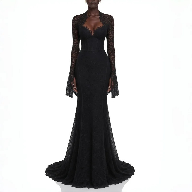Customized Black Long Sleeve Lace Evening Dresses 2026 Elegant Women Party Dress Mermaid Floor Length Formal Gowns Banquet Prom 261017