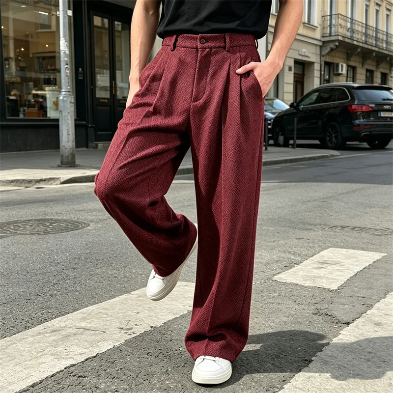Mens Herringbone Double Pleated Wide Leg Pants High Waist Relaxed Fit Casual Trousers Vintage for Work Daily Streetwear 261017