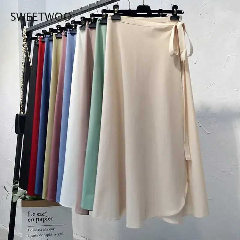 2024 Skirts Summer Skirts Womens New High Waist Side Tie Beach Casual Wrap Skirt Women Solid Elegant Midi Skirt Woman Clothes W261017