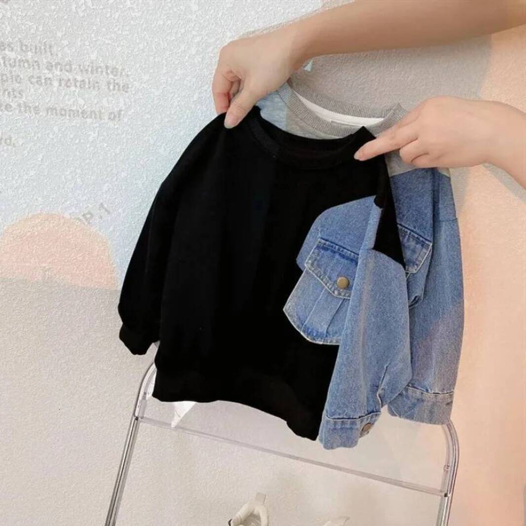Girls Hoodie pullover Baby Boys Denim Sweatshirt Kids Stitching Sleeved Loose Outerwear 2026 Spring Autumn Childrens Casual Hoodies Clothes Crew Nec