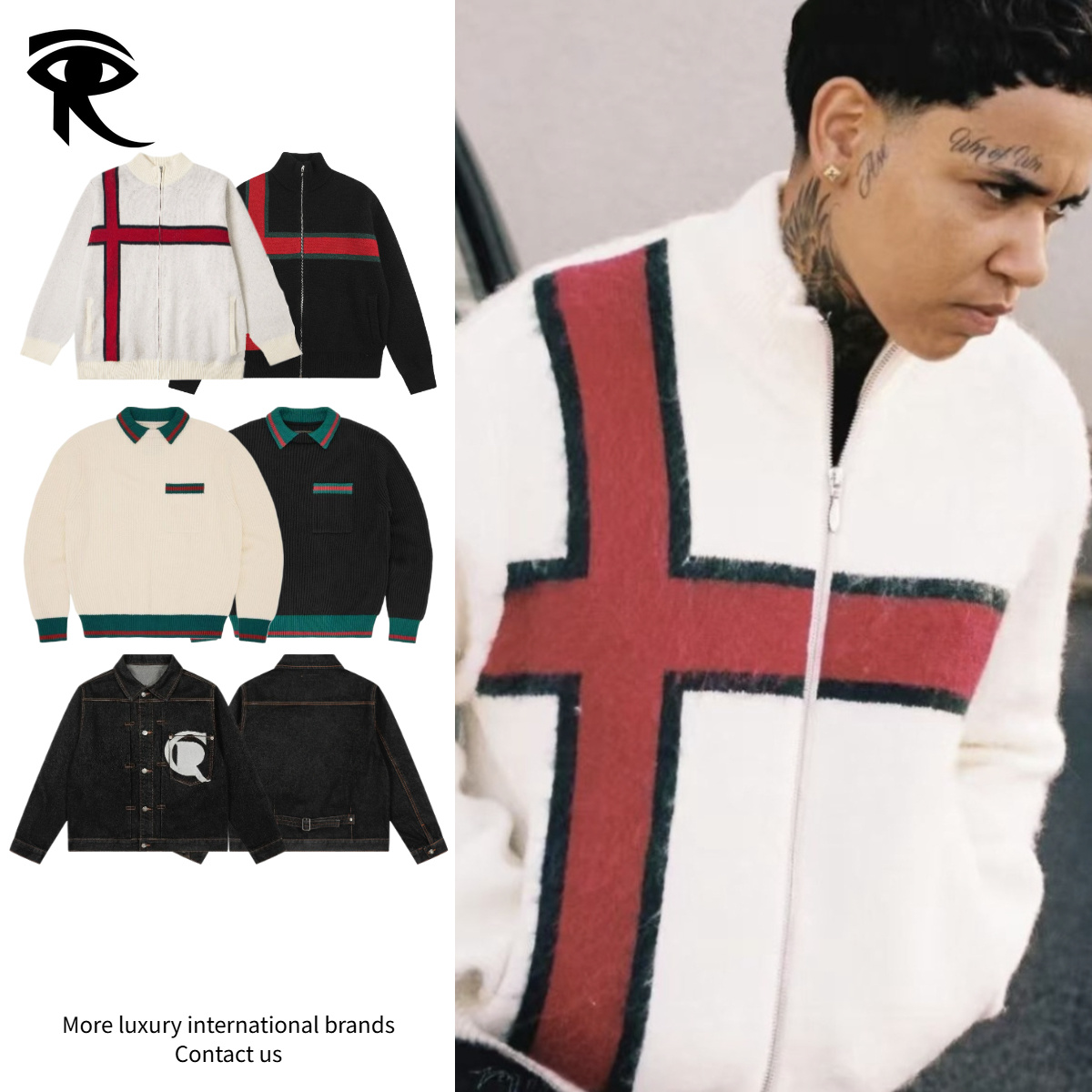 Unisex American Vintage Cross Stripe Zip Up Knit Cardigan Sweater Script Embroidery Stand Collar Fall Winter Couple Outerwear Designer Hoodies Whole