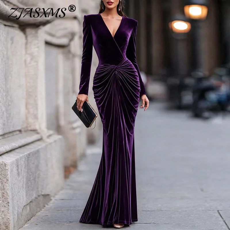 y Velvet Evening Gown Ladies Deep V Neck Long Sleeve Front Twist Ruched Slim Mermaid Dress Solid Guest Prom Party Dress 261015