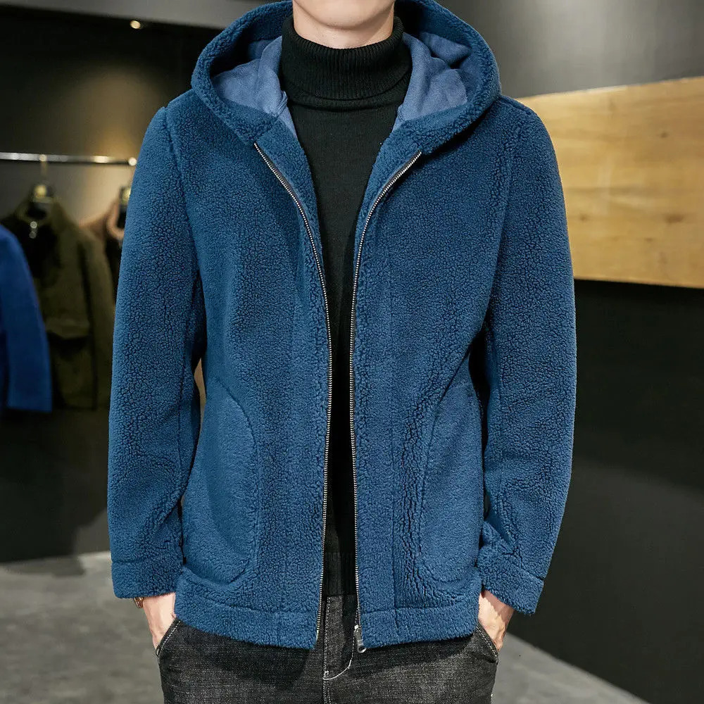 2024 Winter Men Faux Sheep Fur Coat Fluffy Warm Outwear Male Thicker Solid Loose Casual Hoded Top Jackets W36 261012