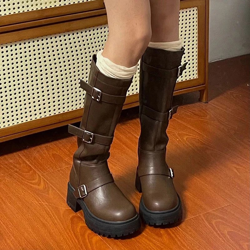 Combat Boots Zip Chuny Heel Buckle Vintage Fashion Casual y ner Western Mid Calf Boots Platform Shoes Woman 261013