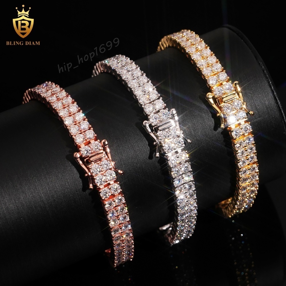 2Rows VVS1 Iced Out Moissanite 925 Sterling Silver Tennis Chain 6.6mm Moissanite Tennis Chain Bracelets Pass Diamond Test GRA