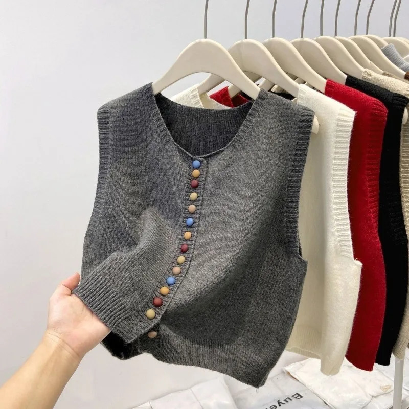 Sweater Vest Autumn Women Rainbow Singlebreasted Button Soft Loose Knit Vneck Knitwear Cardigan Lady Waistcoats 261009
