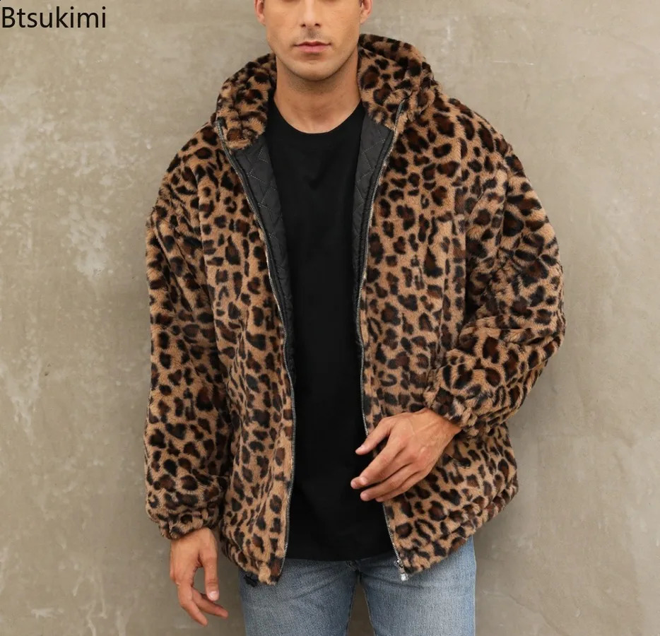 Men Faux Fur Leopard Print Hooded Jacket Plush Contrast Color Warm Full Zip Coat Casual Streetwear Fuzzy Thick Outerwear Male 261013