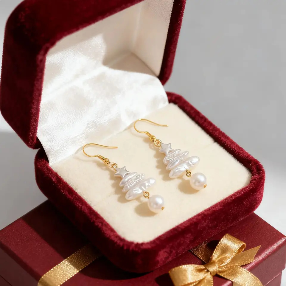 Elegant Snowflake Pearl Dangle Earrings for Women Delicate Bell Gift Box Fur Ball Stud Party Jewelry Accessory261016