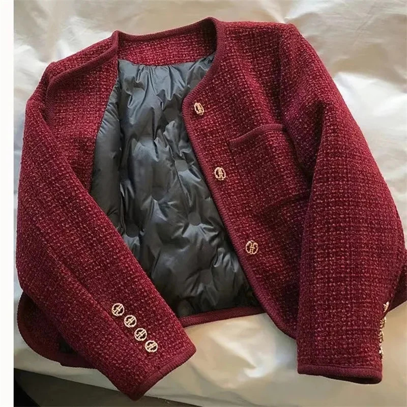 Winter Down Cotton Lined Cropped Jacket Women Korean Fashion Round Neck Tassel Tweed Coat Fashion Single Breasted Warm Outwear 261014