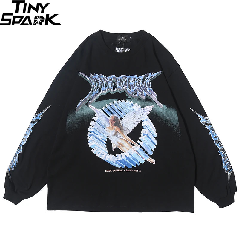 Men Hip Hop T Shirt Streetwear Retro Angel Print Harajuku Tshirt Loose HipHop T-shirt Oversize Cotton Tops Tees Long Sleeve 261014