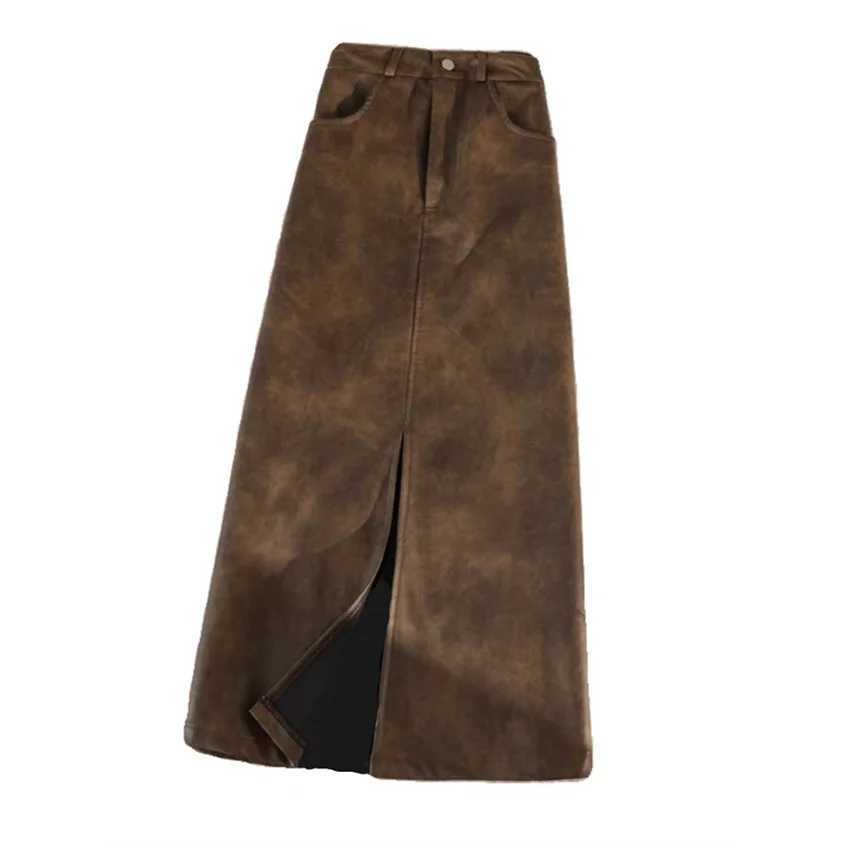 Winter Skirts Autumn Gowyimmes New Big Size Women Solid PU Skirt Elegant Office Lady High Waist A-line Skirts Slim Bottomings Midi 1824 W261017