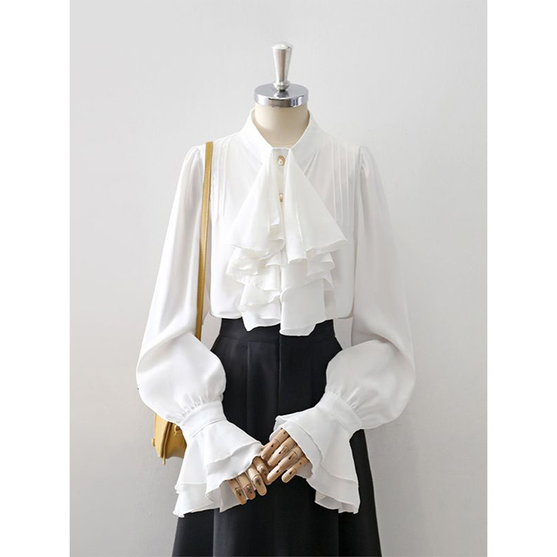 MEXZT Vintage White Shirts Women Elegant Ruffles Flare Long Sleeve Blouses Office Ladies Korean Single Breasted Design Chic Tops