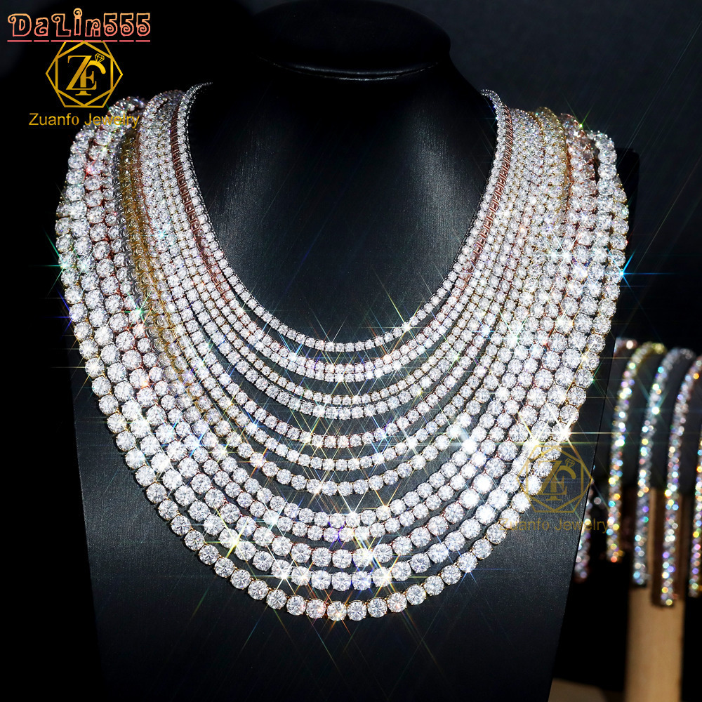 Factory Price Rhodium Plated 925 Sterling Silver Moissanite 2mm 3mm 4mm Tennis Necklace Moissanite Tennis Chain Tariff Free
