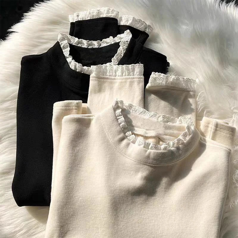 Lace Patchwork T Shirt Women Autumn Winter Long Sleeve O Neck Slim Fit Bottoming Tees Vintage Casual Solid Simple Female Tops 261014