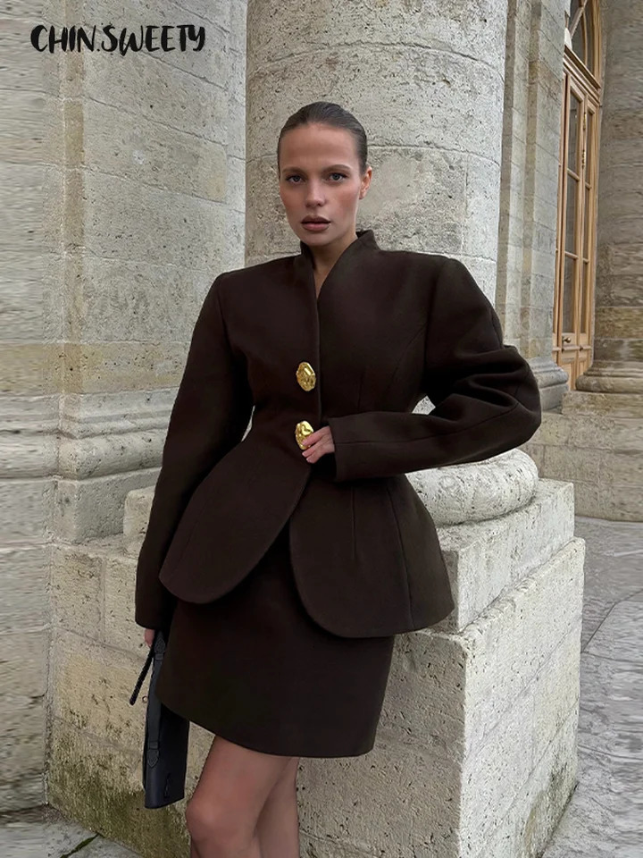 Elegant Women's Jacket Skirts Suits V-Neck Full Sleeve Single-breasted Mini Skirt Lady Set 2026 Spring Chic 2 Pieces Set Women 261013