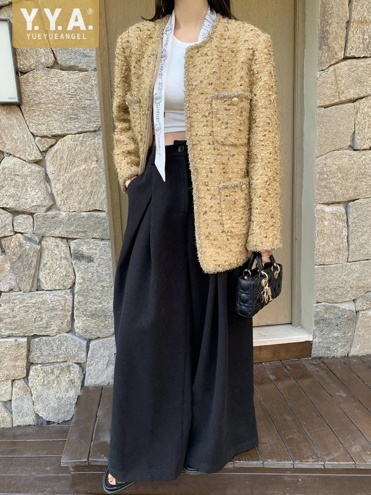 Vintage Women Casual Tweed Jacket O Neck Covered Button Spliced Multi Pockets Short Coat Office Ladies Work Jacket Outerwear 261014