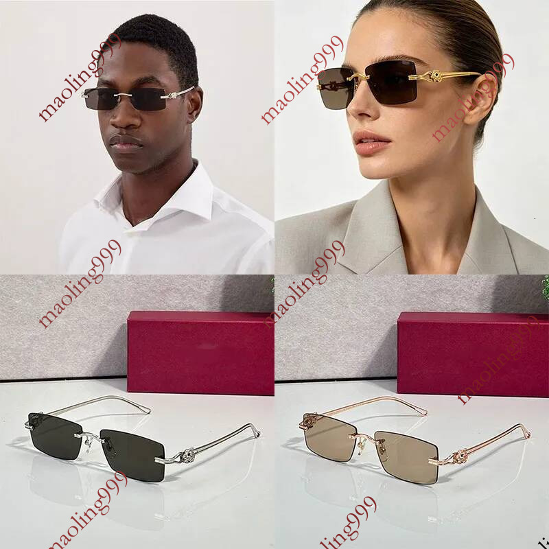 Mens square frameless sunglasses Silver metal mirror legs Grey gradient lenses Temple logo carving design Ladies Banquet Party Fashion Designer Sung