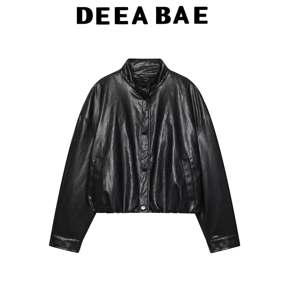 DEEABAE Autumn women's clothing simple and loose high neck long sleeved faux leather pilot jacket short 261009