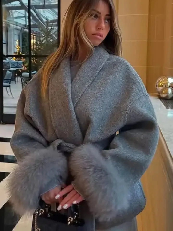 Solid Lace Up Sleeve Jacket Woman Elegant Mid-length V-neck Woolen Blend Faux Fur Coat Autumn Casual Fashion Scarf Outerwear 261014
