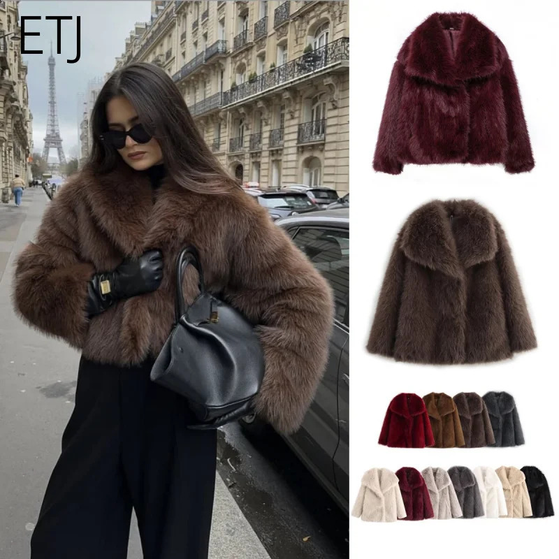 ETJ 2025 winter women's classic solid color thick fur lapel jacket warm short coat multicolor optional 261013