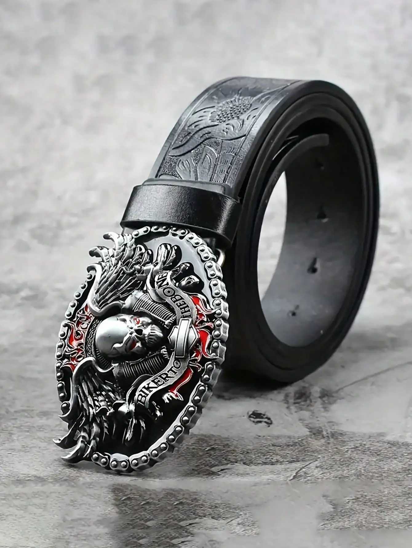 Belt HERSHINE Men's Embossed Leather (1 Piece) Skull Buckle Y2K Gothic Punk Rock Hip Hop cESSoryspringsummer M261016
