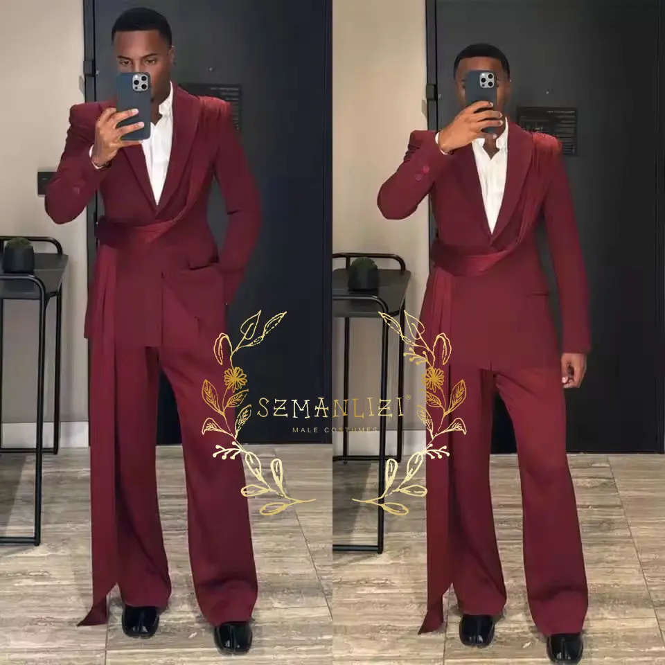 Burgundy Male Prom Blazers 2 Pcs Jacket Pants Belt Sets Groom Wedding Tuxedos Groomsmen Slim Fit Peaked Lapel Costume Homme 261019