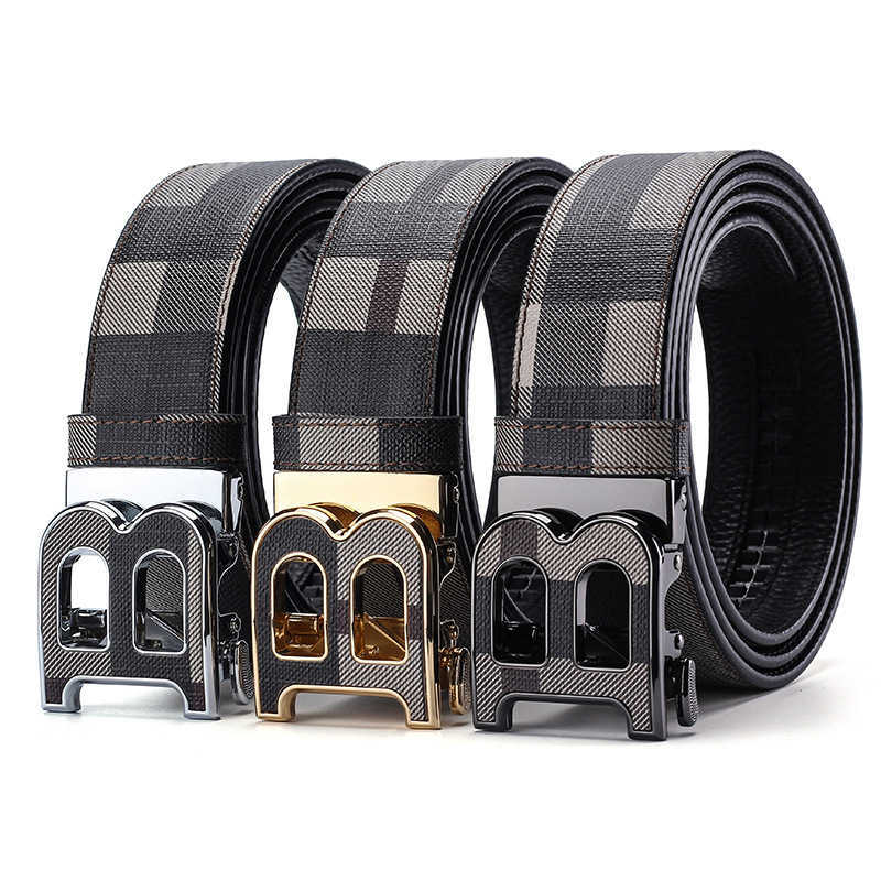 Mens Designer Plaid Leather Belt Letter Automatic Buckle Plaid Accent Business Casual Waistband