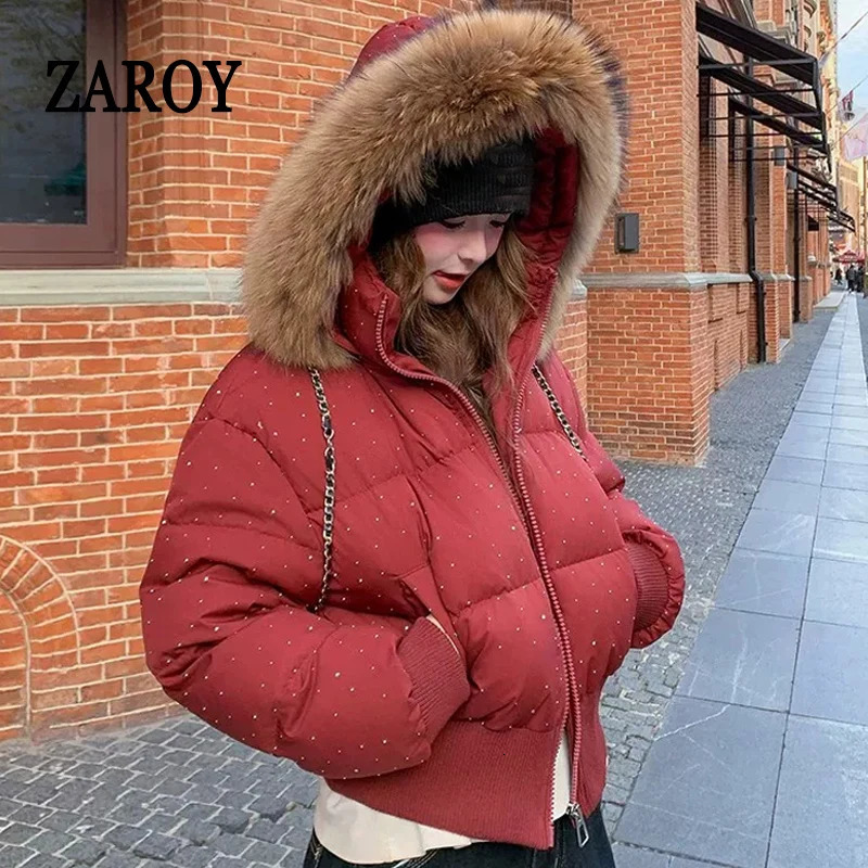 ZAROY Fur Collar Hooded Women Jacket Fashion Rhinestone Winter Warm Thick Padded Cotton Puffer Coat Streetwear Outerwear 261019