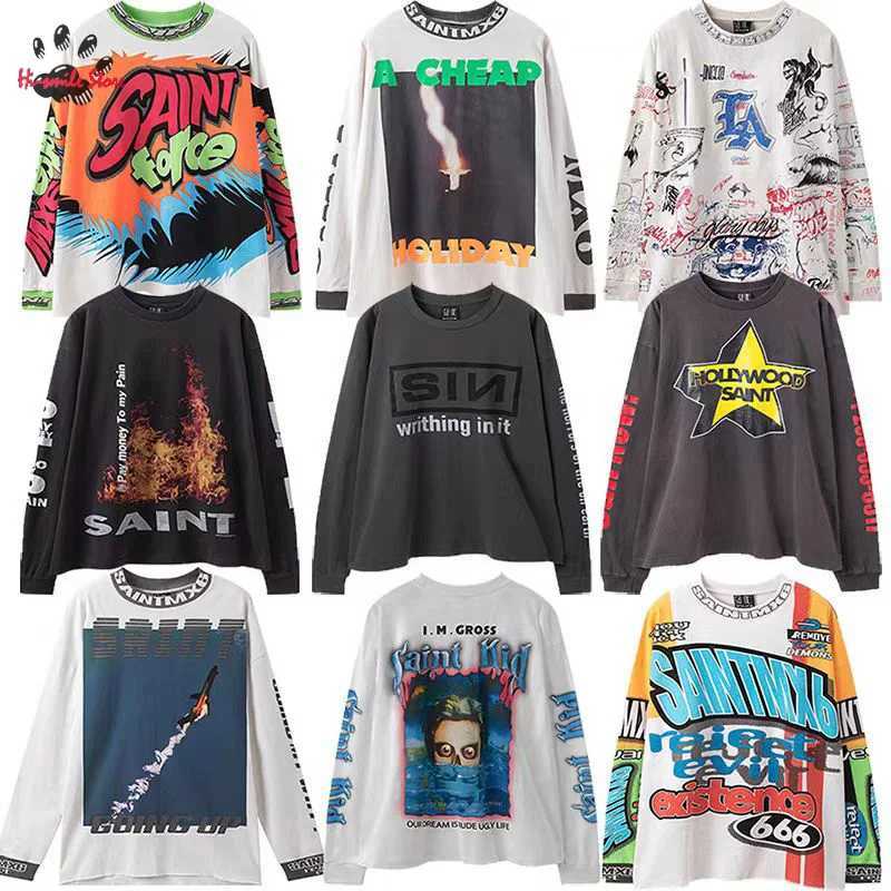 Smile 666 Vintage Casual SAINT Long Sleeve T Shirt Men Woman High Street Fashion Loose Washed Spring Autumn Round Neck Top Tees T261019