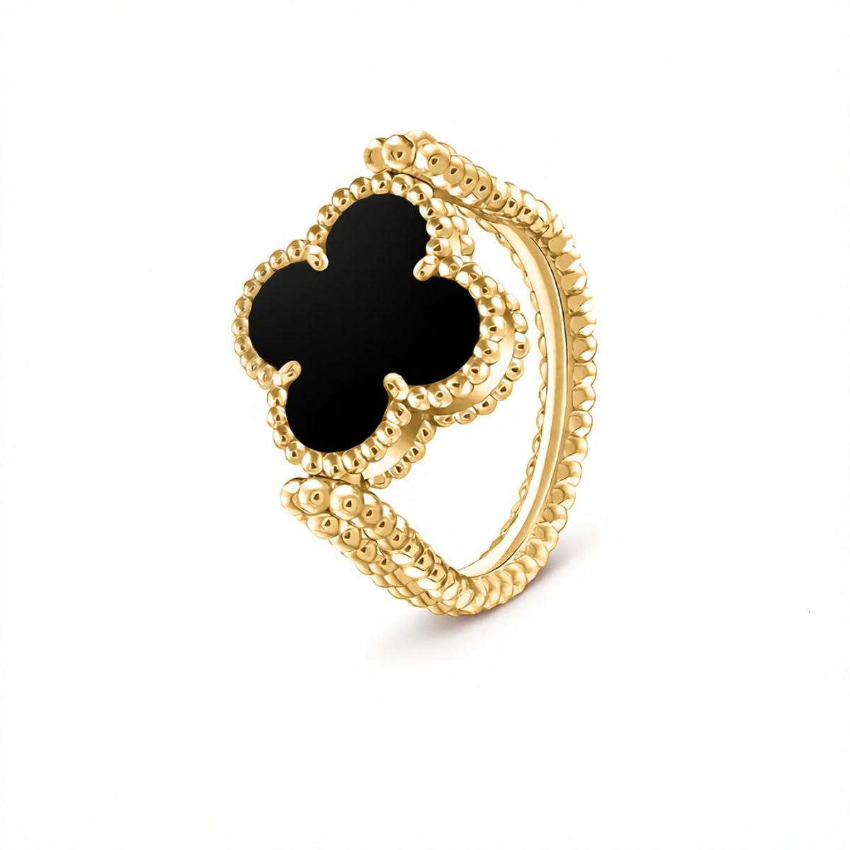 designer ring for women Lucky Black Agate Electroplated V Gold Four-Leaf Clover Ring Light Fashionable Adjustable Ring vanlies cleef ring