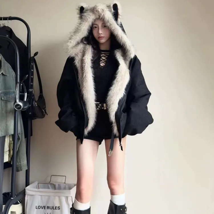 Winter Elegant Liner Fur Loose Coat Women Y2k Fur Collar Hood Thick Fashion Parkas Casual Outerwear Cotton Padded Jackets 261019