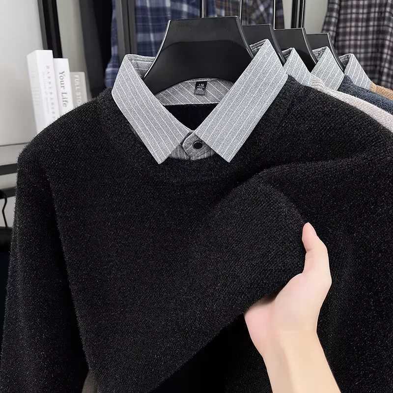 Quty Plush Warm Men's High Knitted Sweater Autumn Winter Comfort Casual Fashion Fake Two-Piece Striped Shirt Collar Pullover M261016