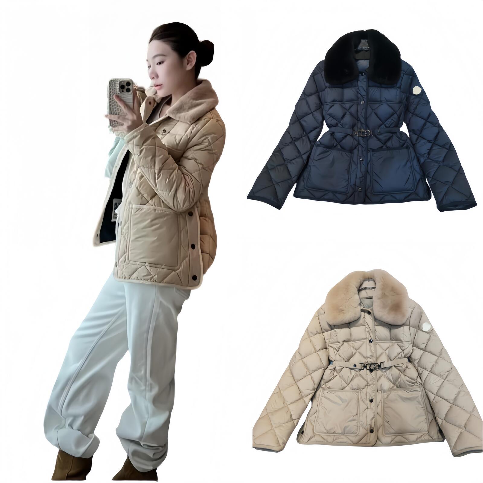 Designer Women Zipper Down Coat Puffer Jacket Women Women Coat Winter Loose Fit Fur Collar Warm Windproof Waist Cinching Embroidered Logo Badge Mini