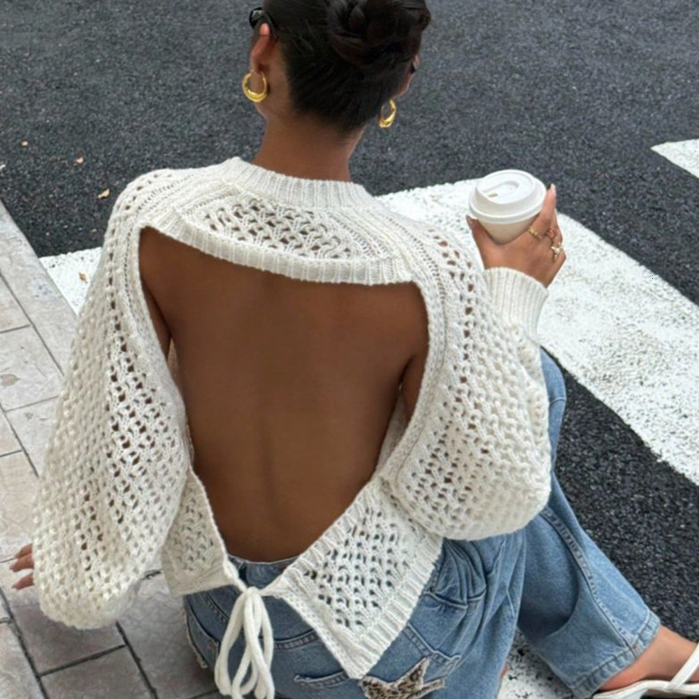 European American New Fashion French Romantic Hollow-Out Knitted Pullover Autumn And Winter Backless Sweater